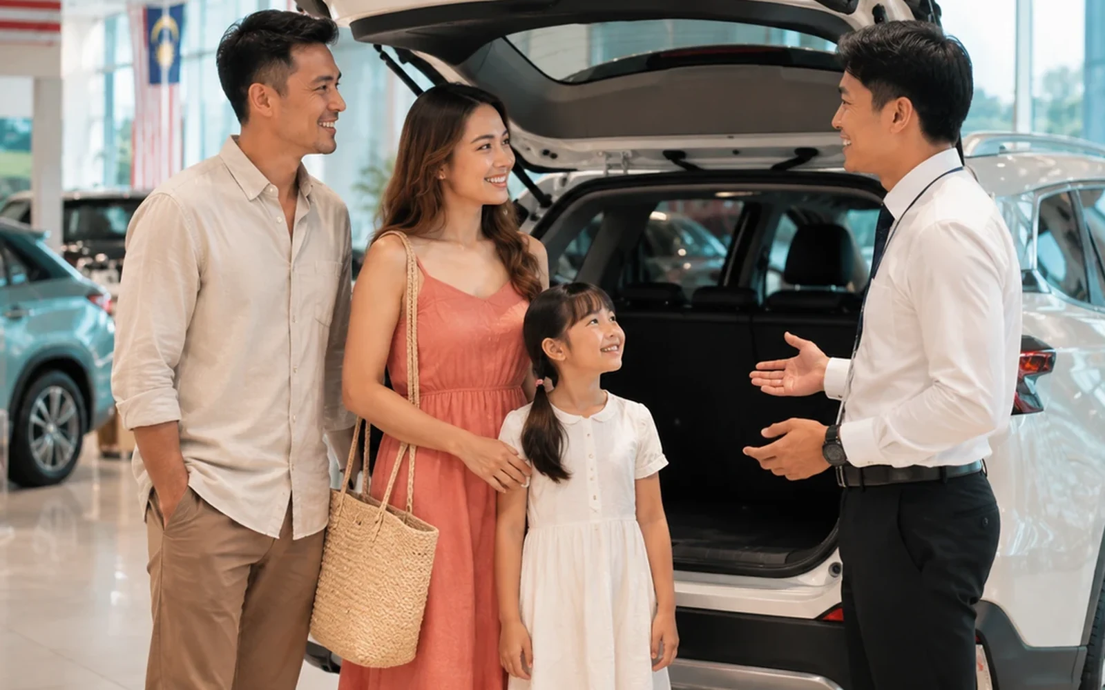 Family choosing a spacious SUV in a bright showroom