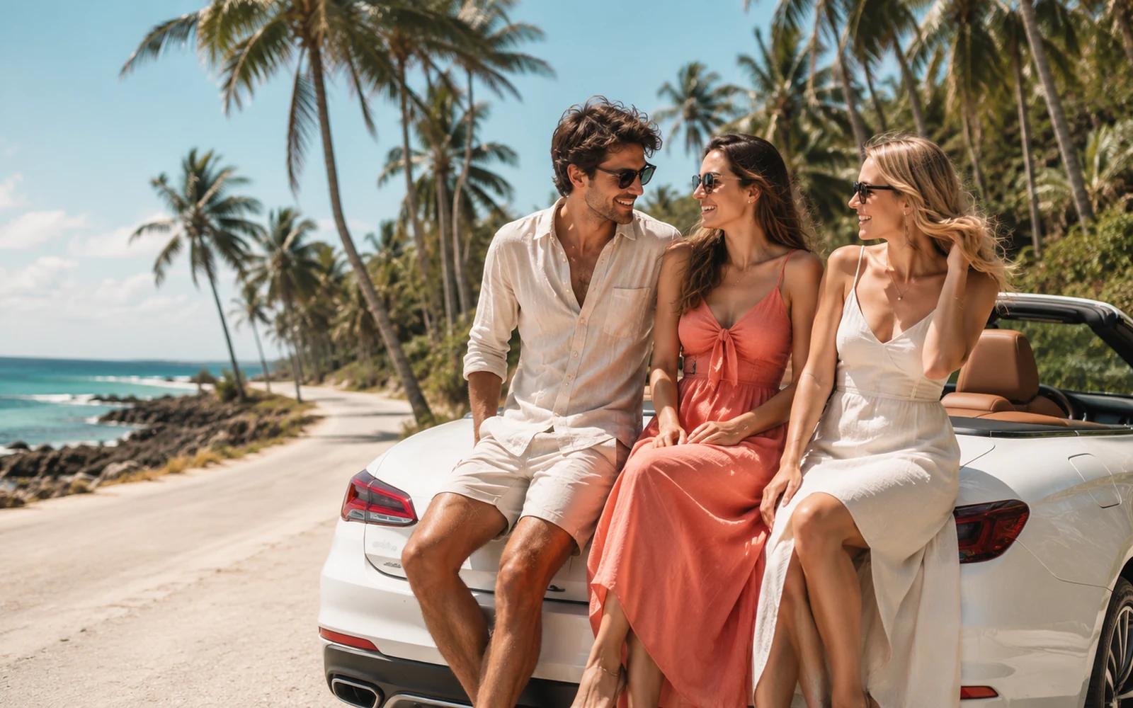 Friends enjoying a premium coastal convertible road trip